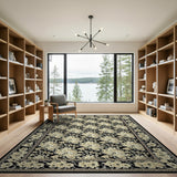 Black Persian Floral Area Rug with Cream Blooms