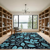 Teal Floral Leaves on Black Area Rug