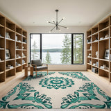 Teal Mandala Floral Area Rug with Birds