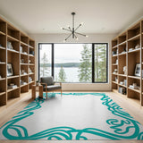 Teal Swirling Vine Border Area Rug