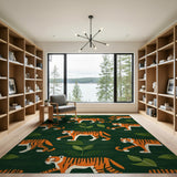 Playful Orange Tigers Leaves Green Area Rug