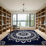 Intricate White Mandala on Navy Area Rug