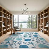 Whimsical Blue Seashell Starfish Coastal Rug