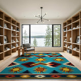 Southwestern Teal Sunburst Tribal Rug