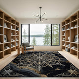 Ornate Silver Mandala on Distressed Black Rug