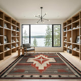Grey Red Southwestern Tribal Area Rug