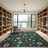 Emerald Green Pink Red Floral Area Rug