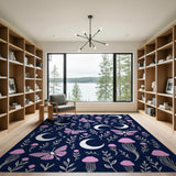 Whimsical Navy Rug with Pink Butterflies Mushrooms Moons