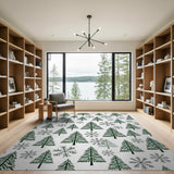 Festive Green Pine Trees Snowflakes Pattern Rug