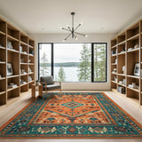 Teal Bordered Terracotta Southwestern Area Rug