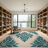 Teal Leaf Floral Damask Area Rug