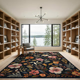 Navy Floral Embroidered Area Rug