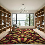 Luxurious Red Gold Feather Art Deco Area Rug