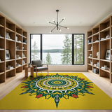 Vibrant Yellow Mandala Rug with Green Tulips Red Accents