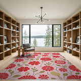 Vibrant Red Floral Area Rug on Pink