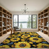 Vibrant Yellow Sunflowers on Black Area Rug