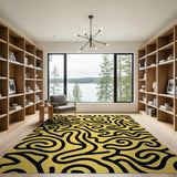 Bold Yellow Abstract Area Rug with Black Waves