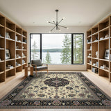 Ivory Traditional Persian Area Rug with Navy Medallion