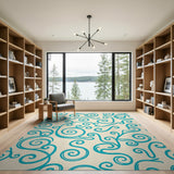 Blue and Teal Teal Swirl Abstract Area Rug on Beige