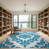 Cobalt Blue Floral Tile Motif Area Rug