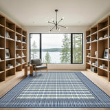 Navy Blue Gingham Border Striped Area Rug