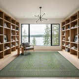Green Floral Branch Area Rug with Intricate Borders