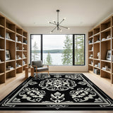 ODIKA Washable Vintage Medallion Black and Ivory Low Pile Area Rug