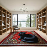Black Cat on Red Dotted Persian Rug