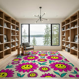 Cheerful Pink Smiley Daisy Face Area Rug