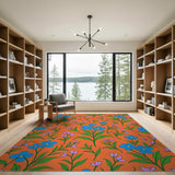 Vibrant Blue Forget-Me-Not Floral Orange Rug