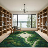 ODIKA Washable Green Forest Map Artistic Area Rug - Low Pile Non-Slip