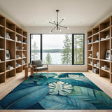 ODIKA Washable Teal Tropical Monstera Leaf Area Rug - Low Pile Non-Slip Carpet