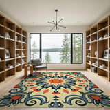 Ornate Navy Blue Coral Starburst Persian Rug