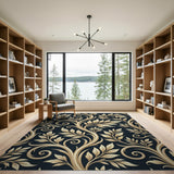 Elegant Gold Foliage on Black Damask Area Rug