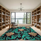 Teal Floral Damask Area Rug with Beige Dome Motifs