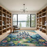 Washable Whimsical Rainbow Fairy Tale Castle Kids Area Rug