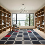 Modern Geometric Grey Grid Rug with Red Accents