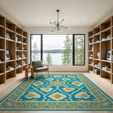 Blue and Teal Teal Gold Floral Persian Area Rug