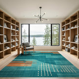 Teal Geometric Modern Area Rug with Orange Accents