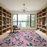 Vibrant Pink Green Leaf Pattern Area Rug