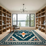 Blue and Teal Teal Geometric Heritage Tribal Area Rug