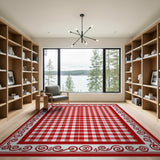 Red Gingham Checkered Area Rug with Swirl Border