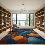 ODIKA Washable Abstract Botanical Area Rug - Navy & Orange Modern Low Pile Non-Slip Rug