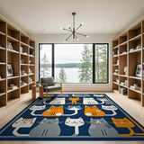 Playful Cartoon Cats Navy Area Rug