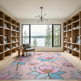 Blush Pink Lotus Flower Pattern Area Rug