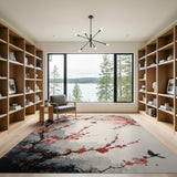 Washable Japanese Cherry Blossom Watercolor Area Rug - Low Pile & Non-Slip
