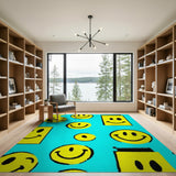 Playful Yellow Smiley Faces Teal Area Rug