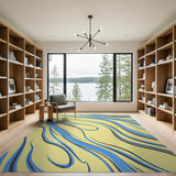 Fluid Blue Swirls on Yellow Abstract Area Rug