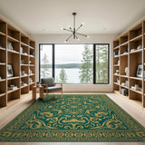 Ornate Emerald Green Persian Area Rug with Gold Motifs