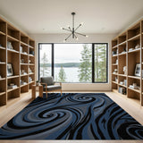 ODIKA Modern Abstract Swirl Navy Blue Washable Rug - Low Pile Non-Slip Area Rug